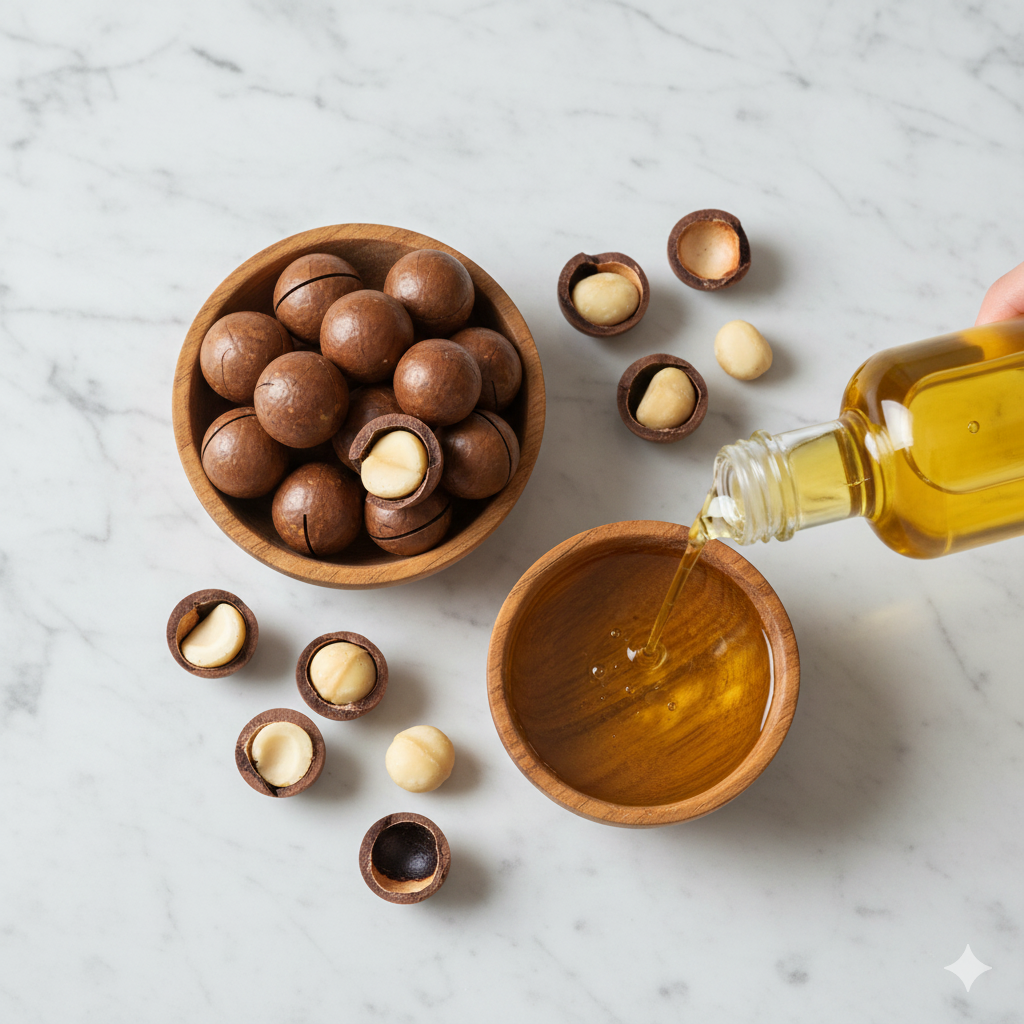 huile de macadamia et noix de macadamia